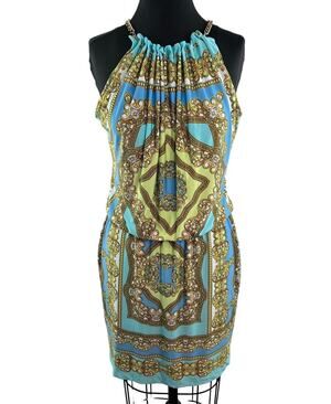 CACHE Womens Baroque Chain Halter Dress Blue Yellow Sleeveless Stretch Size M